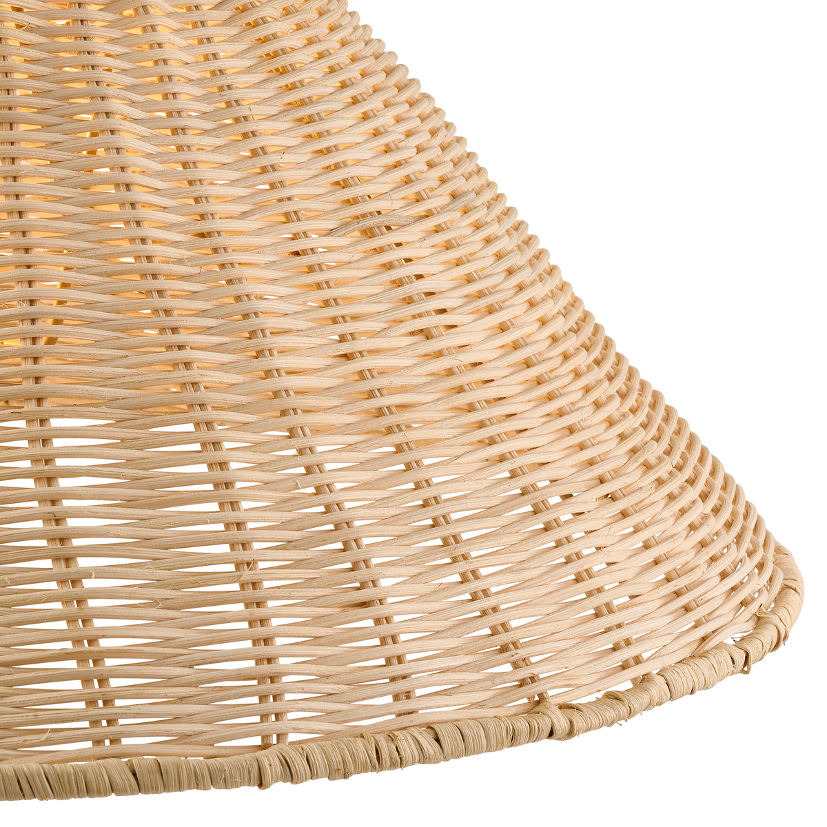 Close-up of the wide rattan ceiling shade's cane weave and bound rim