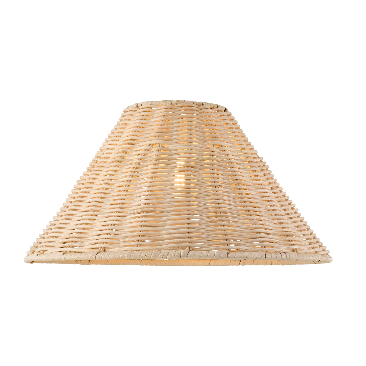 Natural rattan tapered shade lit from inside, showing the light through the weave