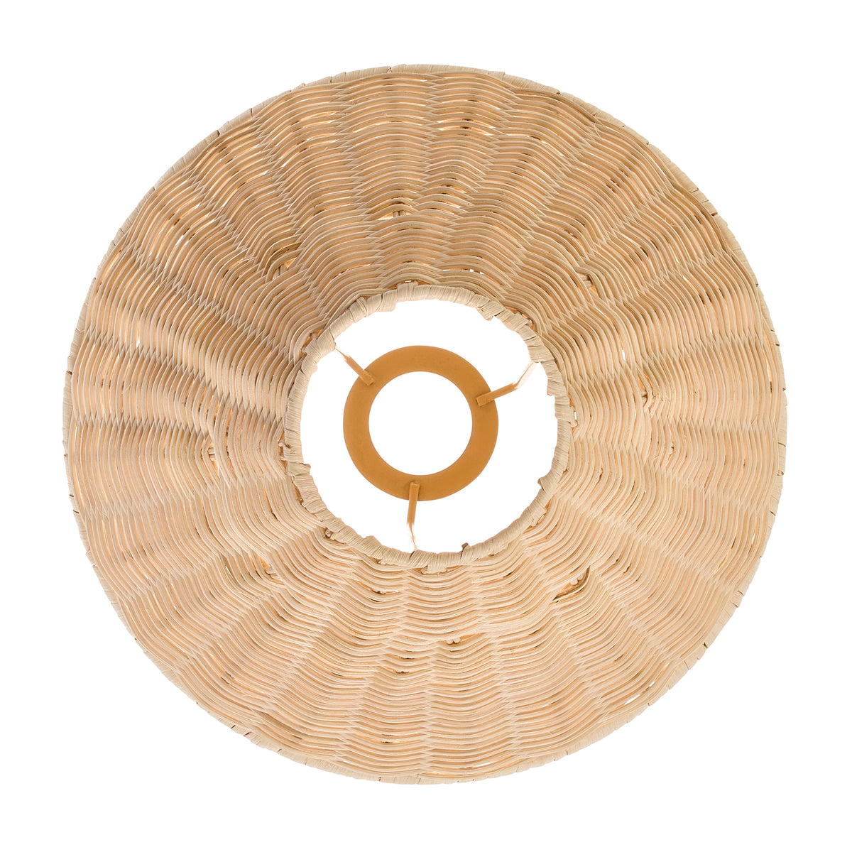Underside view of the rattan lamp shade showing woven cane and gimbal ring