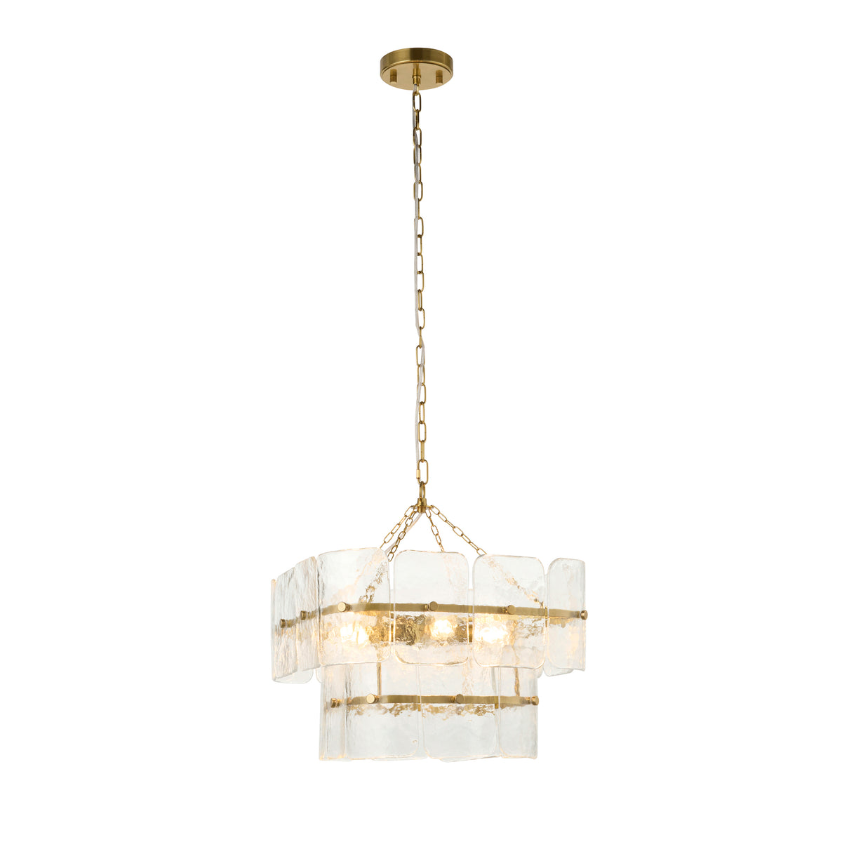 Venice aged brass pendant with two tiers of textured handmade glass panels on a chain