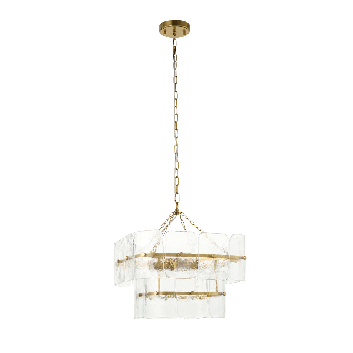 Venice aged brass pendant with chain suspension and two rows of textured glass panels
