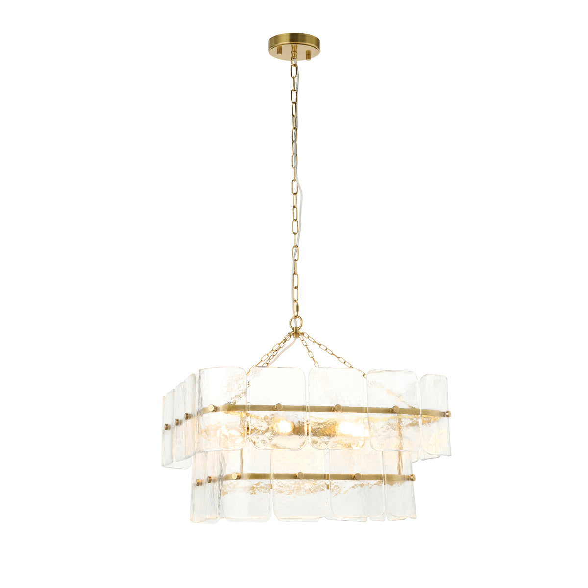 Venice brushed aged brass pendant with two tiers of handmade textured glass panels