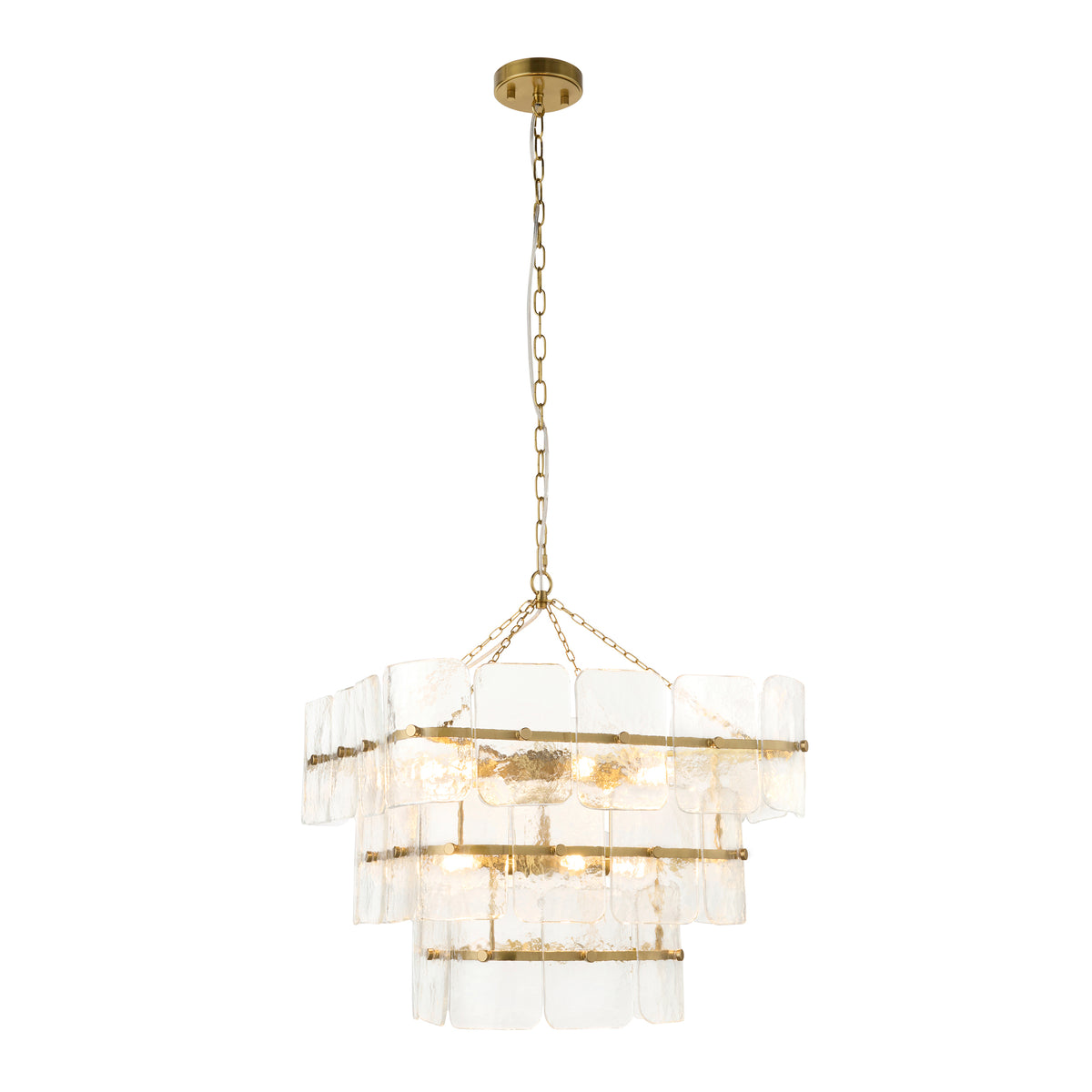 Venice aged brass chandelier with three tiers of textured clear glass panels on a chain suspension