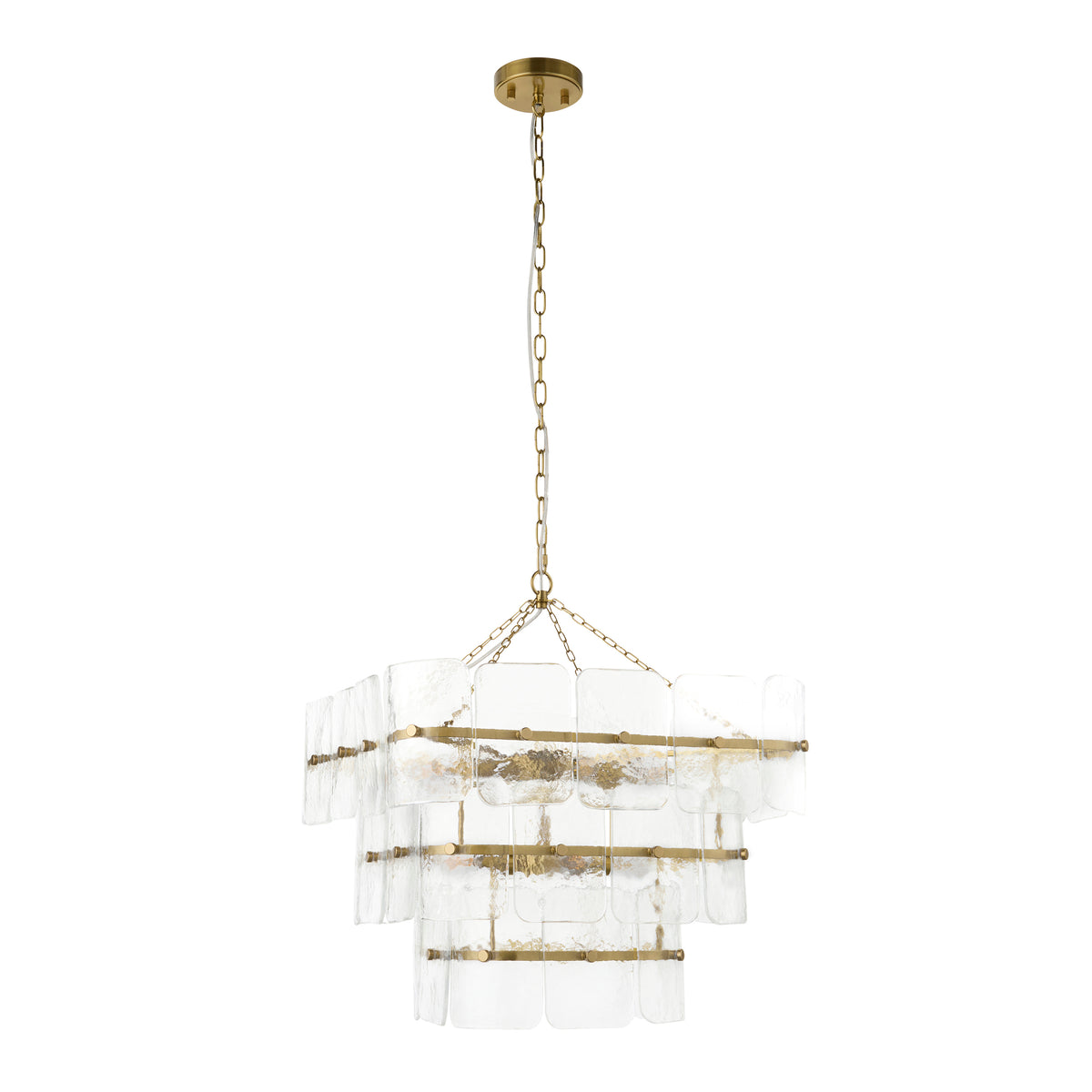 Venice aged brass chandelier with layered clear textured glass panels shown unlit on white