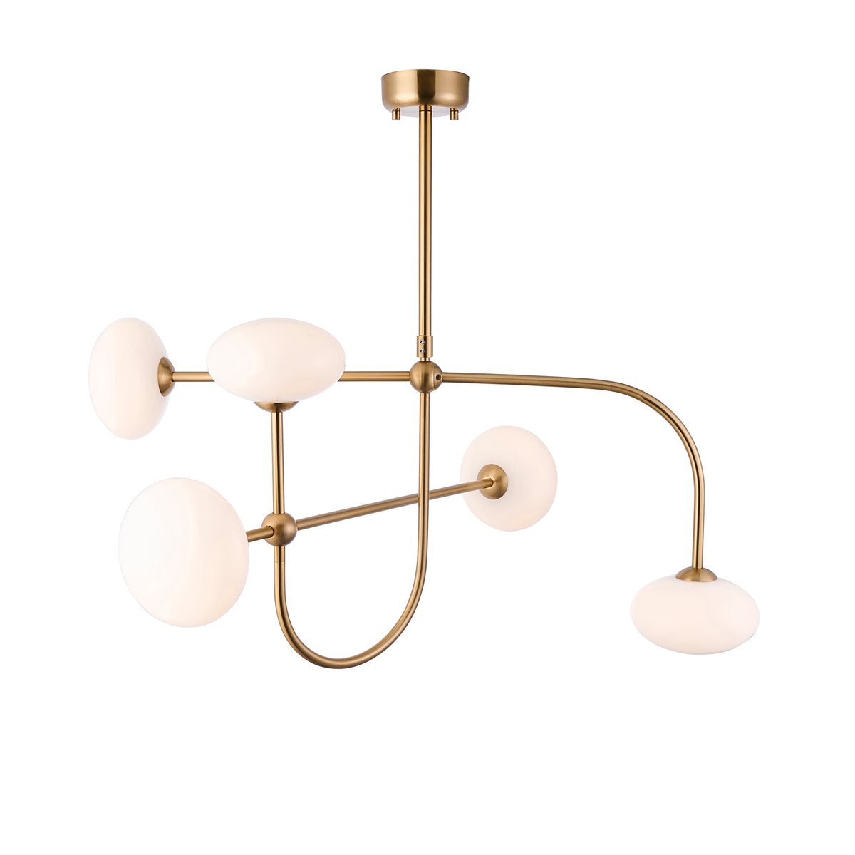 Ottowa brushed aged brass pendant with five opal glass domes on curved asymmetric arms