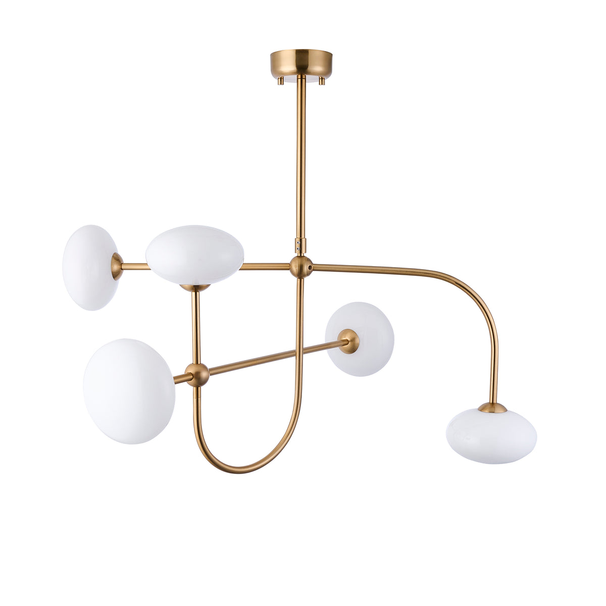 Ottowa pendant with white opal glass discs on sculptural brass arms on a plain background