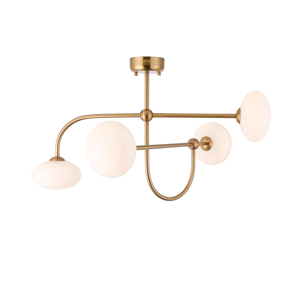 Ottowa aged brass semi flush ceiling light with four opal glass shades on curved arms