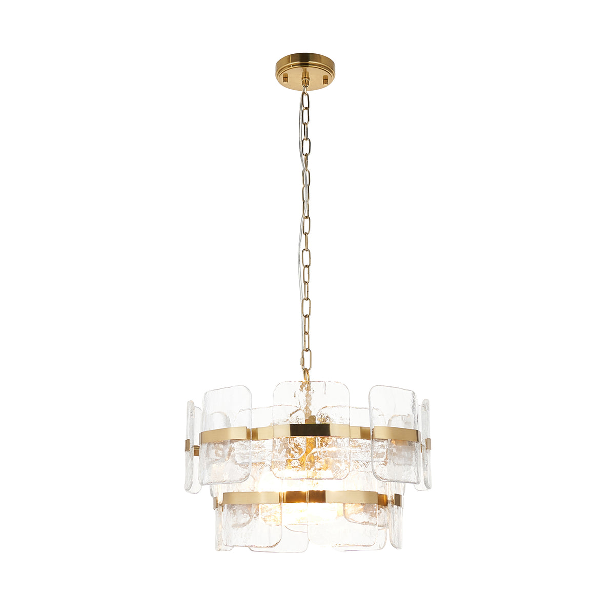 Ancara brushed brass three light pendant with two tiers of handmade clear glass panels