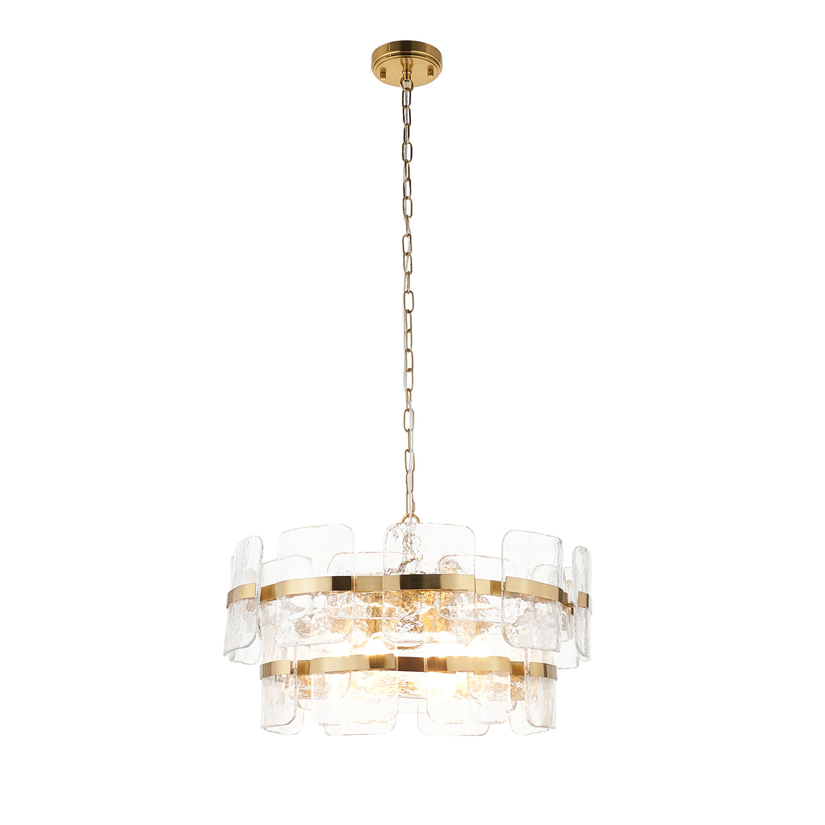 Ancara aged brass chandelier with tiered handmade glass panels, shown unlit on white