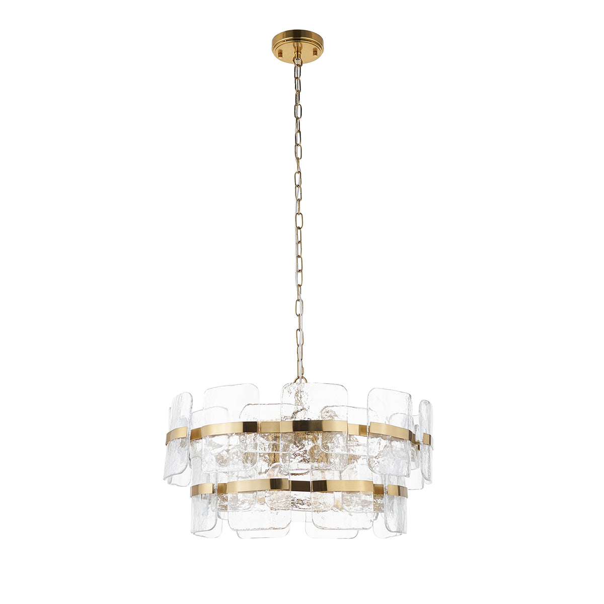 Ancara chandelier in aged brass with clear textured glass panels on a plain background