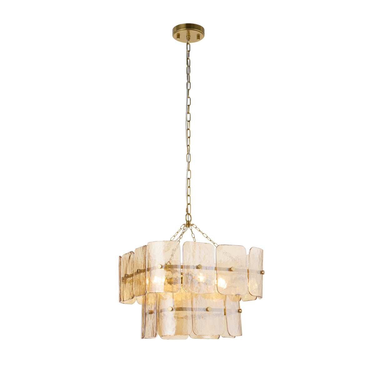 Venice aged brass chandelier with tiered handmade glass panels, shown unlit on white