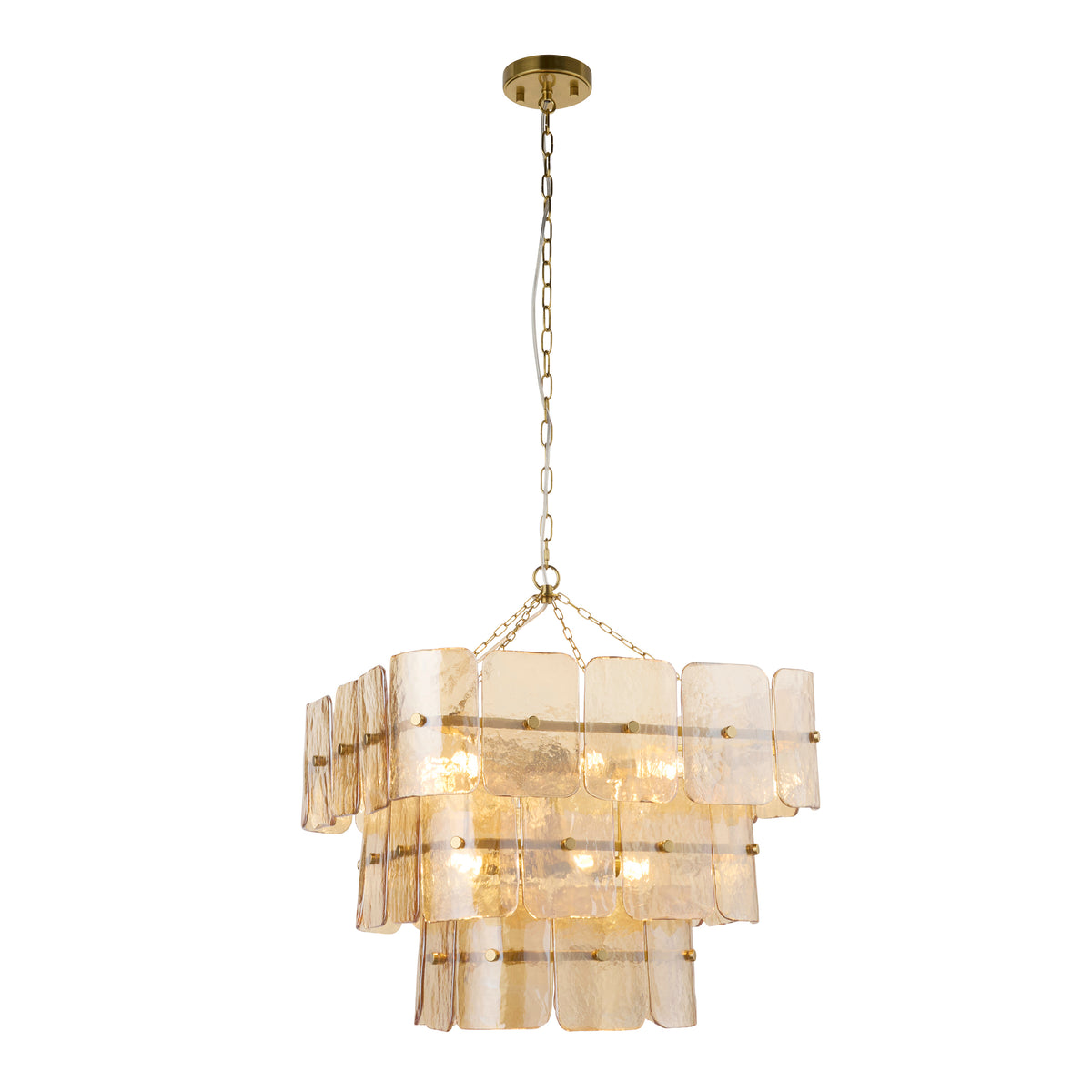 Venice champagne glass pendant with three tiers of handmade textured panels on aged brass