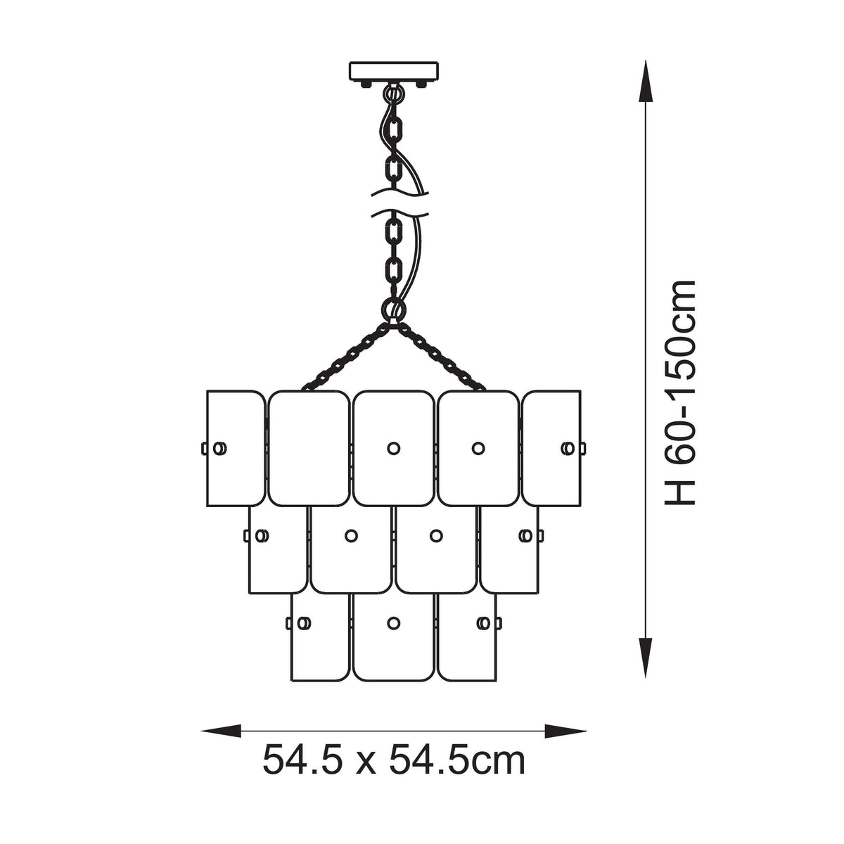 Dimension diagram of the Venice champagne glass pendant showing height and width measurements
