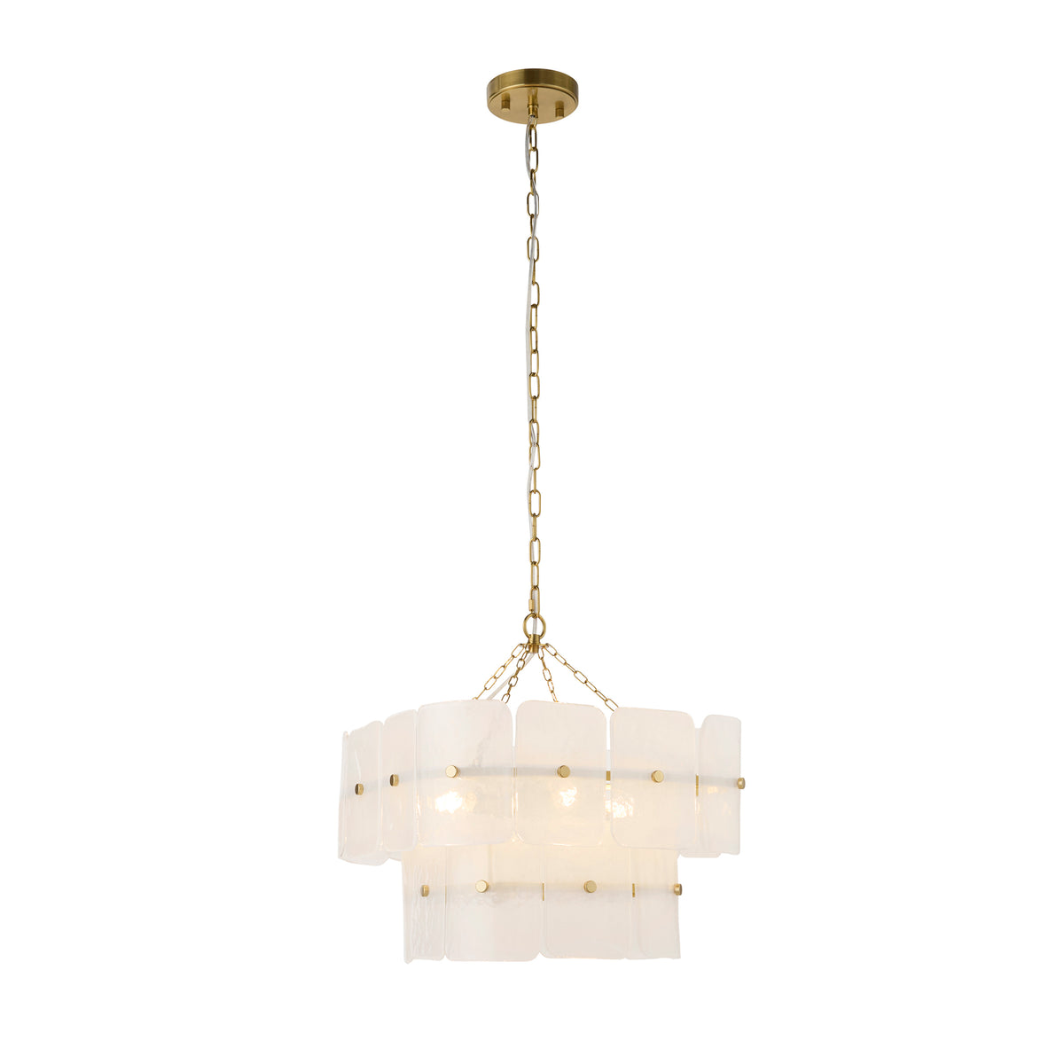 Venice white glass pendant with tiered frosted panels and brushed brass chain and ceiling rose