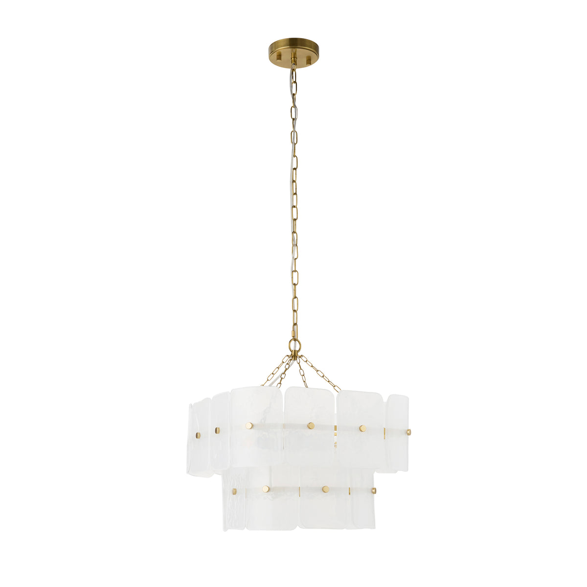 Venice tiered white glass pendant shown against a plain background with brass chain fully extended