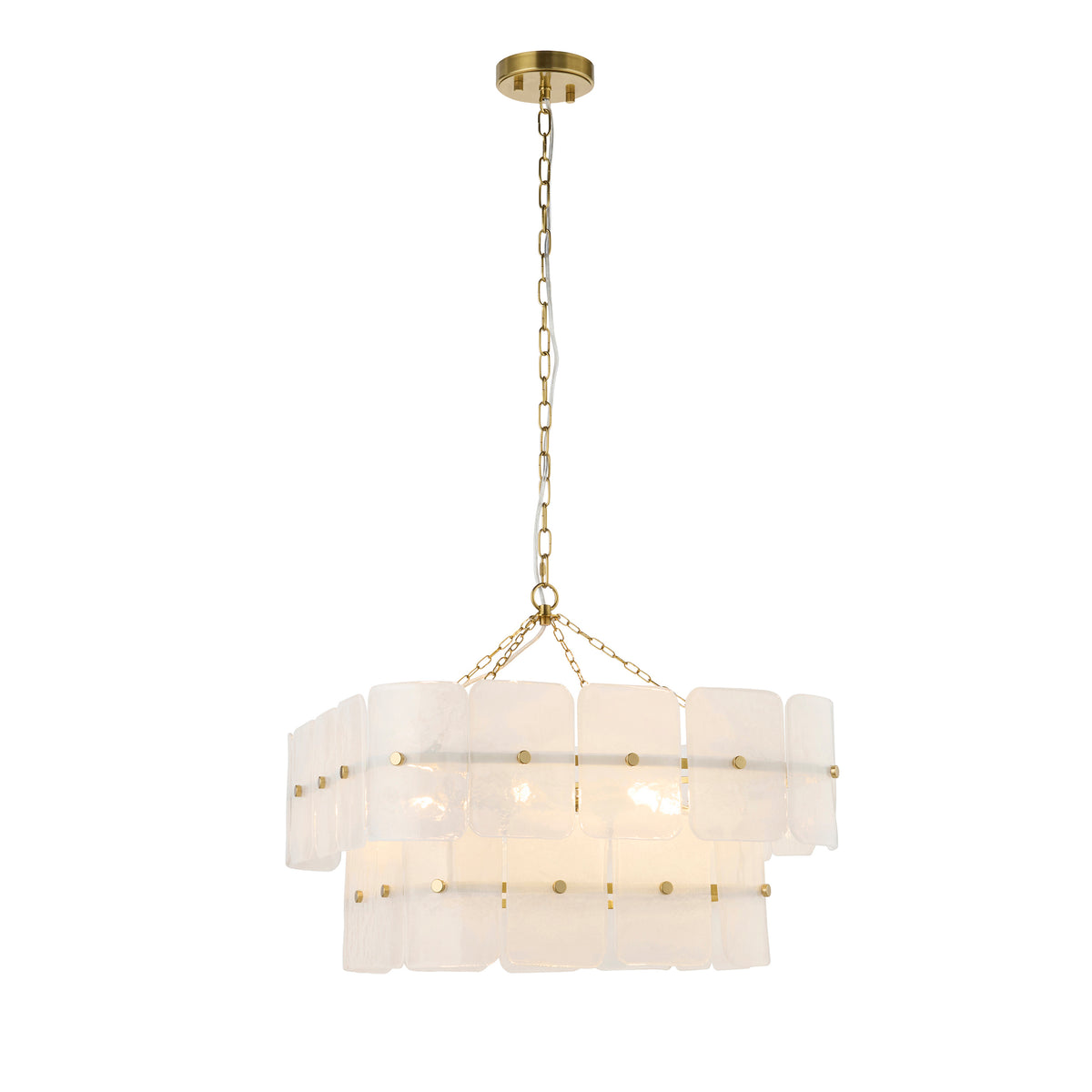 Venice 6 light chandelier with two tiers of white textured glass panels on a brushed brass chain