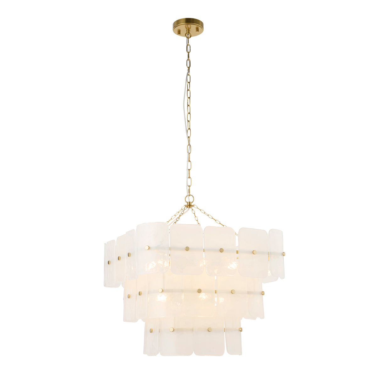 Venice 10 light chandelier with three tiers of white textured glass panels on a brushed brass chain