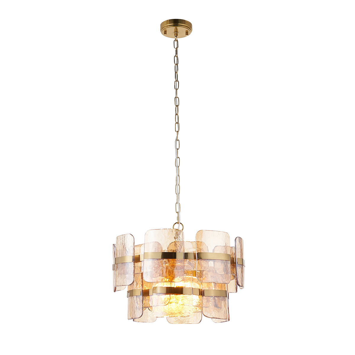 Ancara champagne glass pendant with brass-banded tiers of textured panels and matching chain