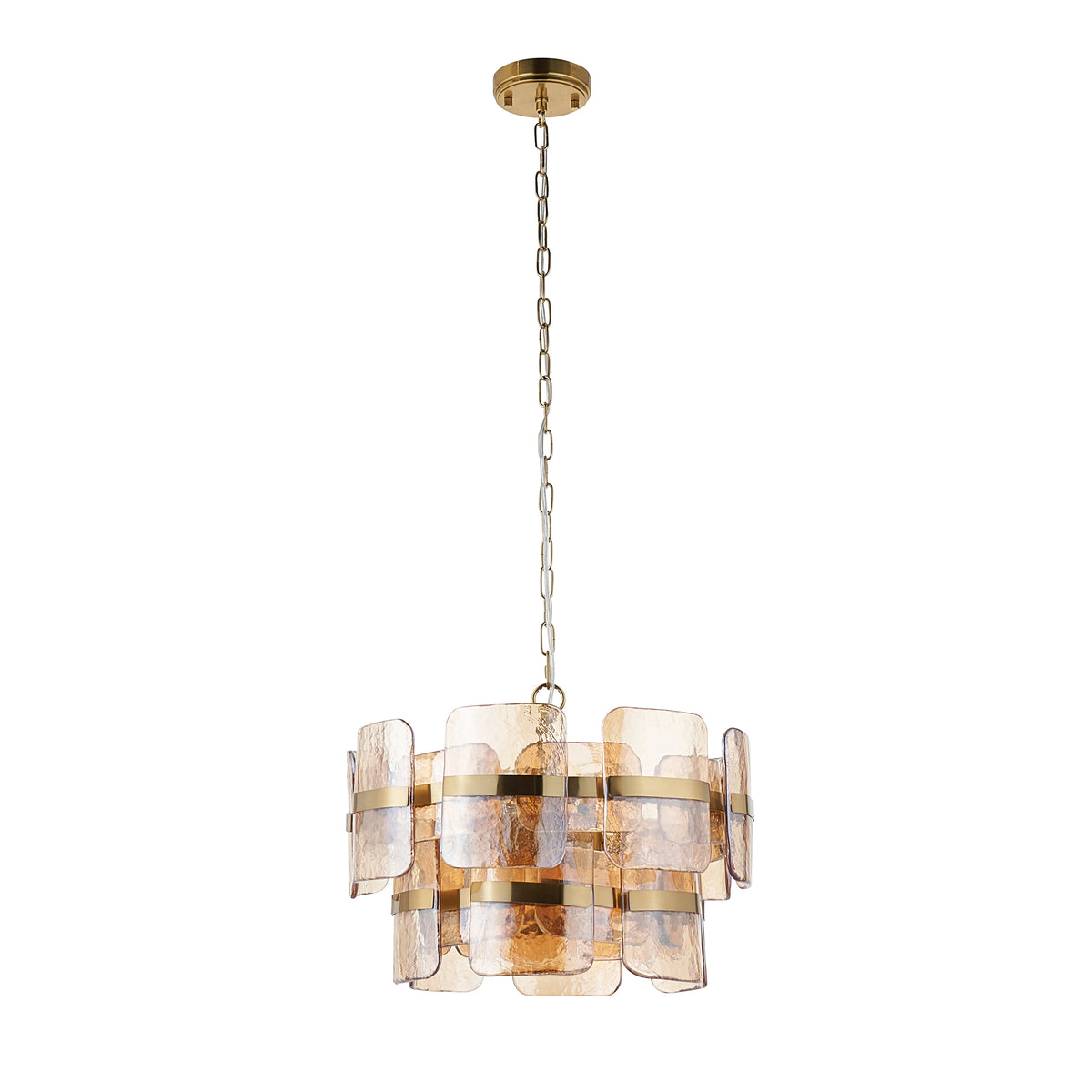 Ancara pendant shown against a plain background, champagne textured glass tiers on a brass chain