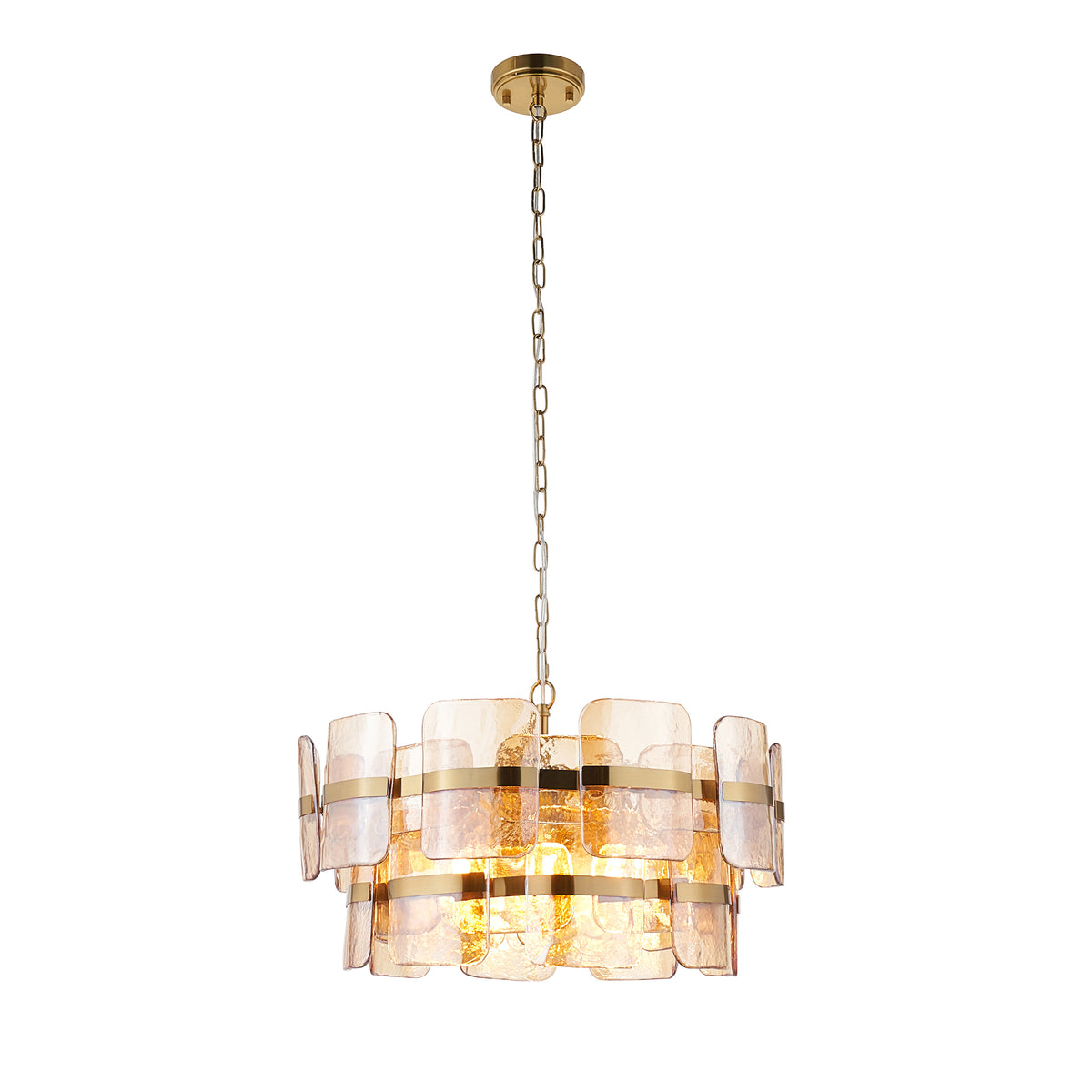 Ancara brushed aged brass 6 light pendant with tiered champagne glass panels and brass chain