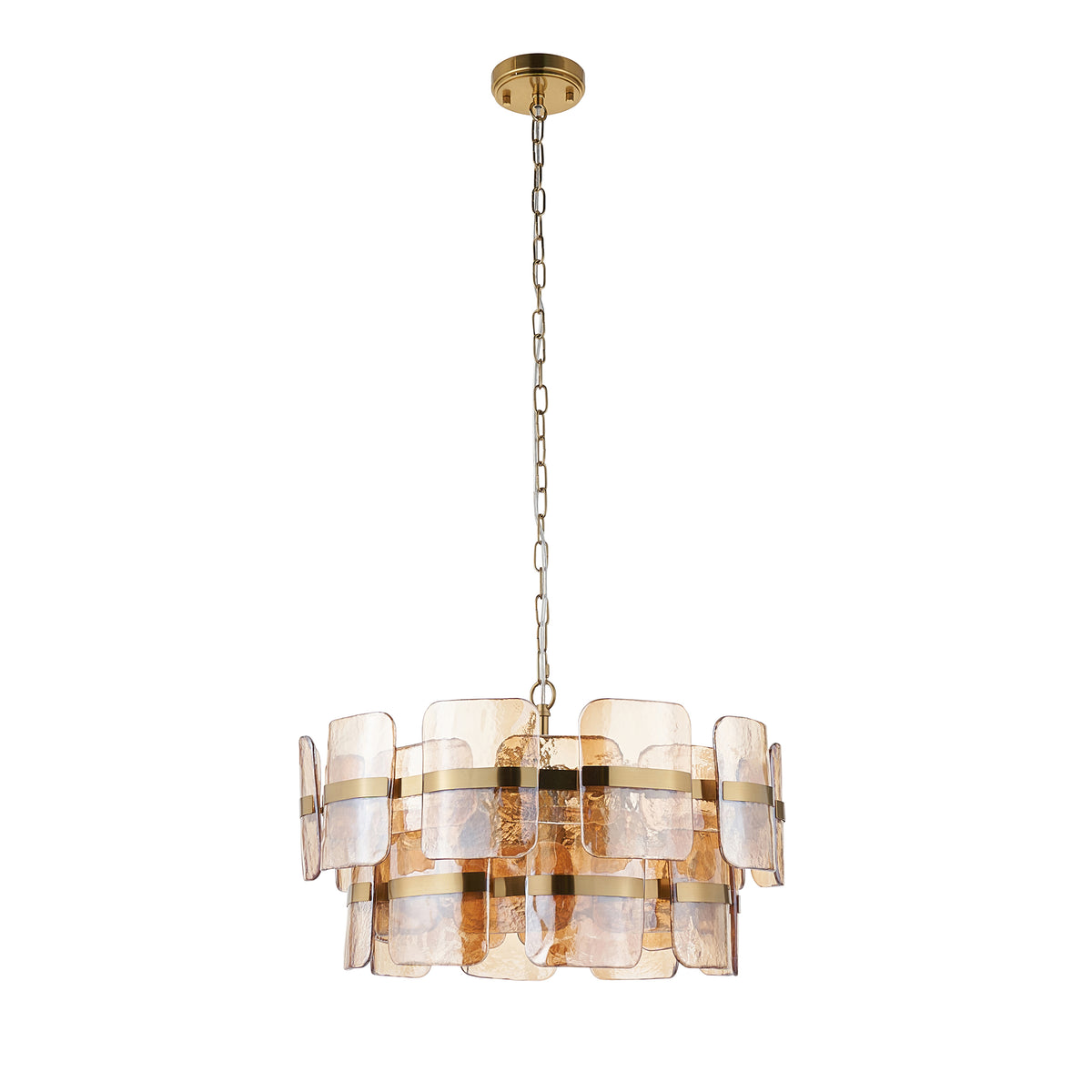 Ancara 6 light pendant on a plain background, champagne textured glass tiers with brass banding