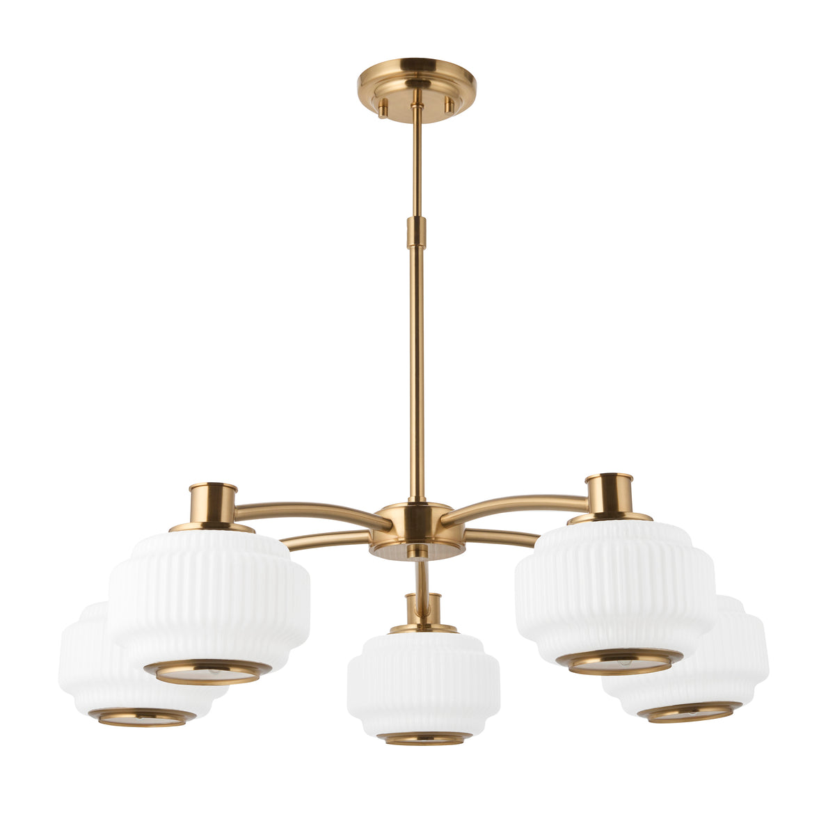 Evora 5 light brass chandelier with opal ribbed shades shown against a plain white background