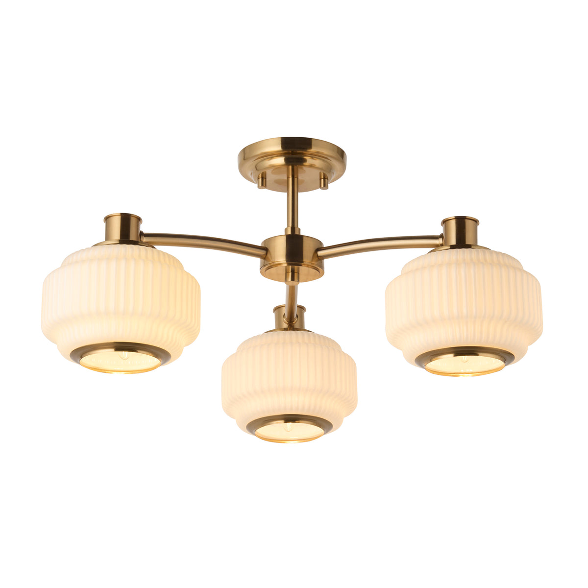 Evora aged brass semi flush ceiling light with three stepped ribbed opal glass shades