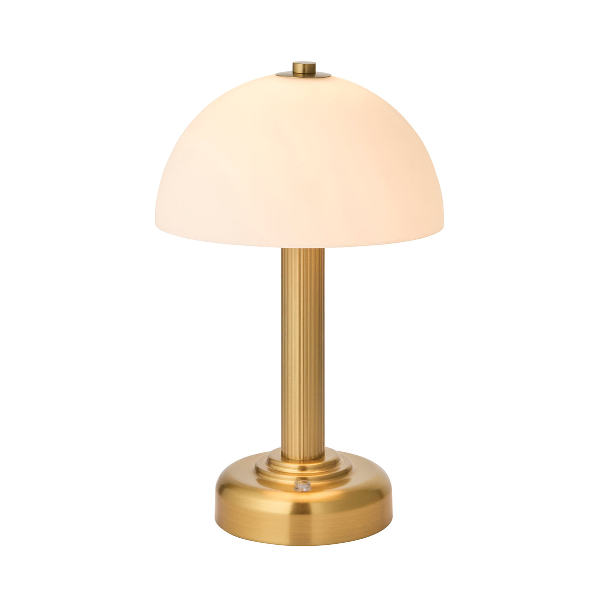 Bridport warm brass table lamp with a domed opal glass shade and fluted stem on a stepped round base