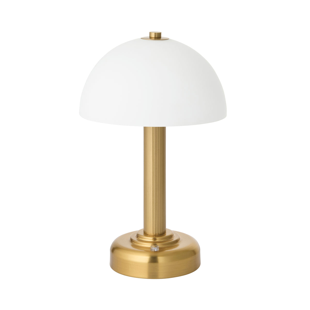 Bridport USB rechargeable table lamp in warm brass with domed white glass shade, shown lit