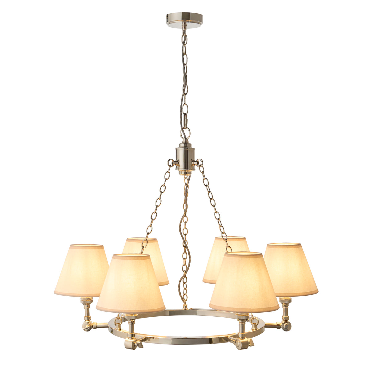 Arabella & Ivy bright nickel six-arm chandelier with tapered natural fabric candle shades on a chain
