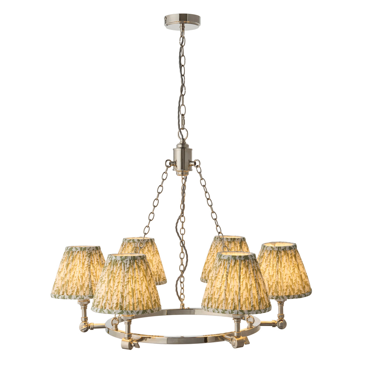 Arabella & Leaf nickel six-arm chandelier with pleated green leaf-print fabric candle shades