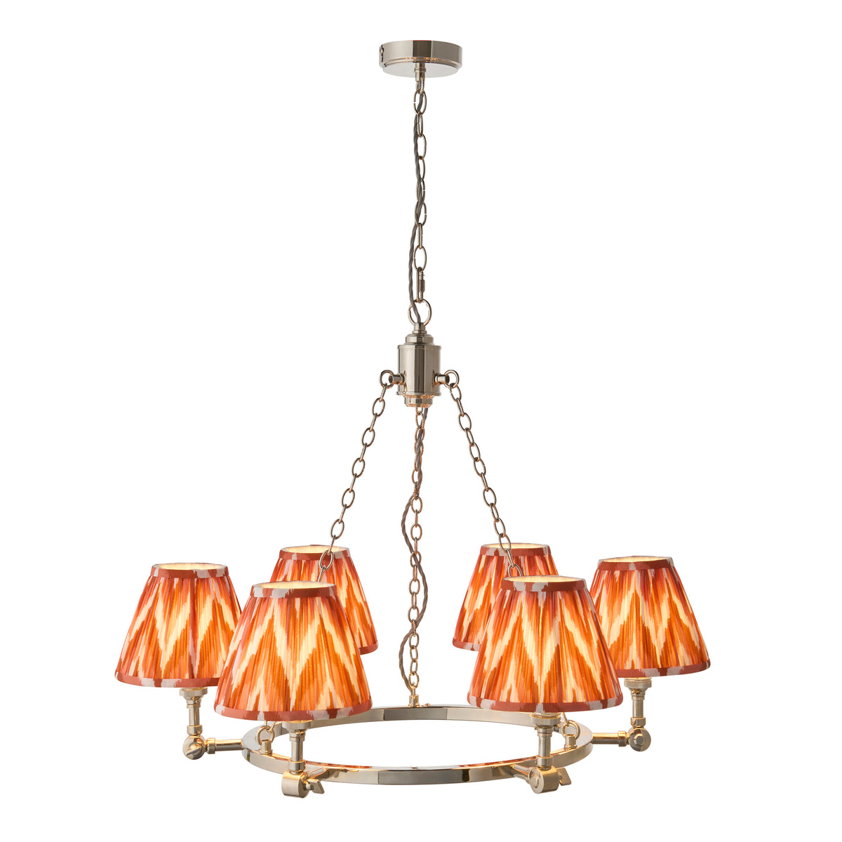 Arabella & Zigzag nickel six-arm chandelier with pleated orange zigzag-patterned candle shades