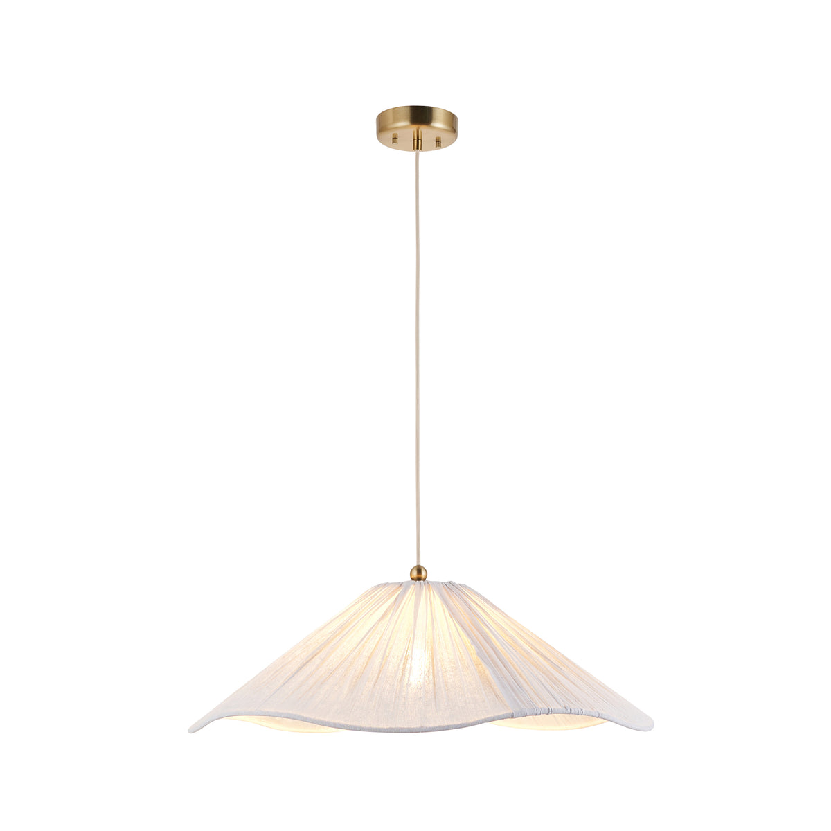 Isabella Grand aged brass pendant light with a wide pleated white fabric scalloped shade on a flex