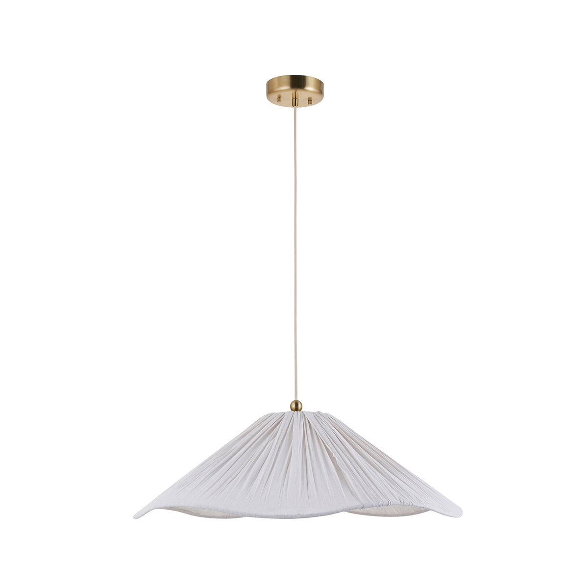 Isabella Grand pendant light shown unlit, its pleated white scalloped shade on an aged brass ceiling rose