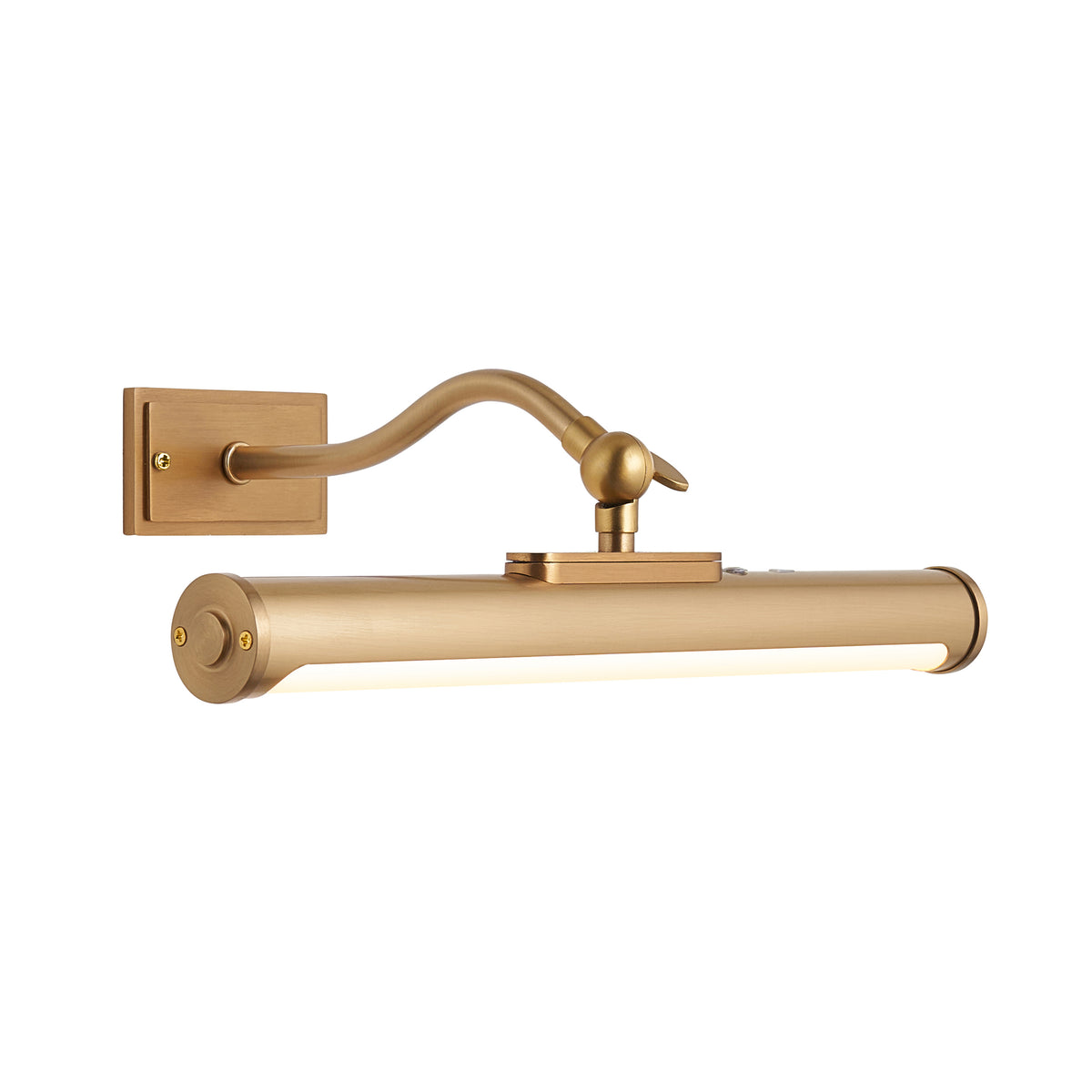 Maris warm brass picture light with a curved swan-neck arm and cylindrical LED tube on a square backplate