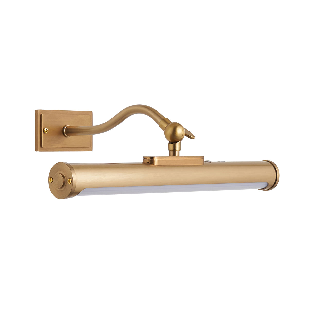 Maris warm brass rechargeable picture light with swan-neck arm and lit LED tube, on a square backplate