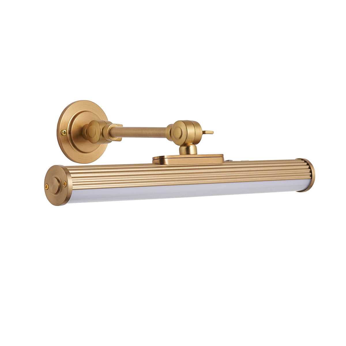 Cirali rechargeable warm brass picture light with fluted LED tube and adjustable arm, shown unlit