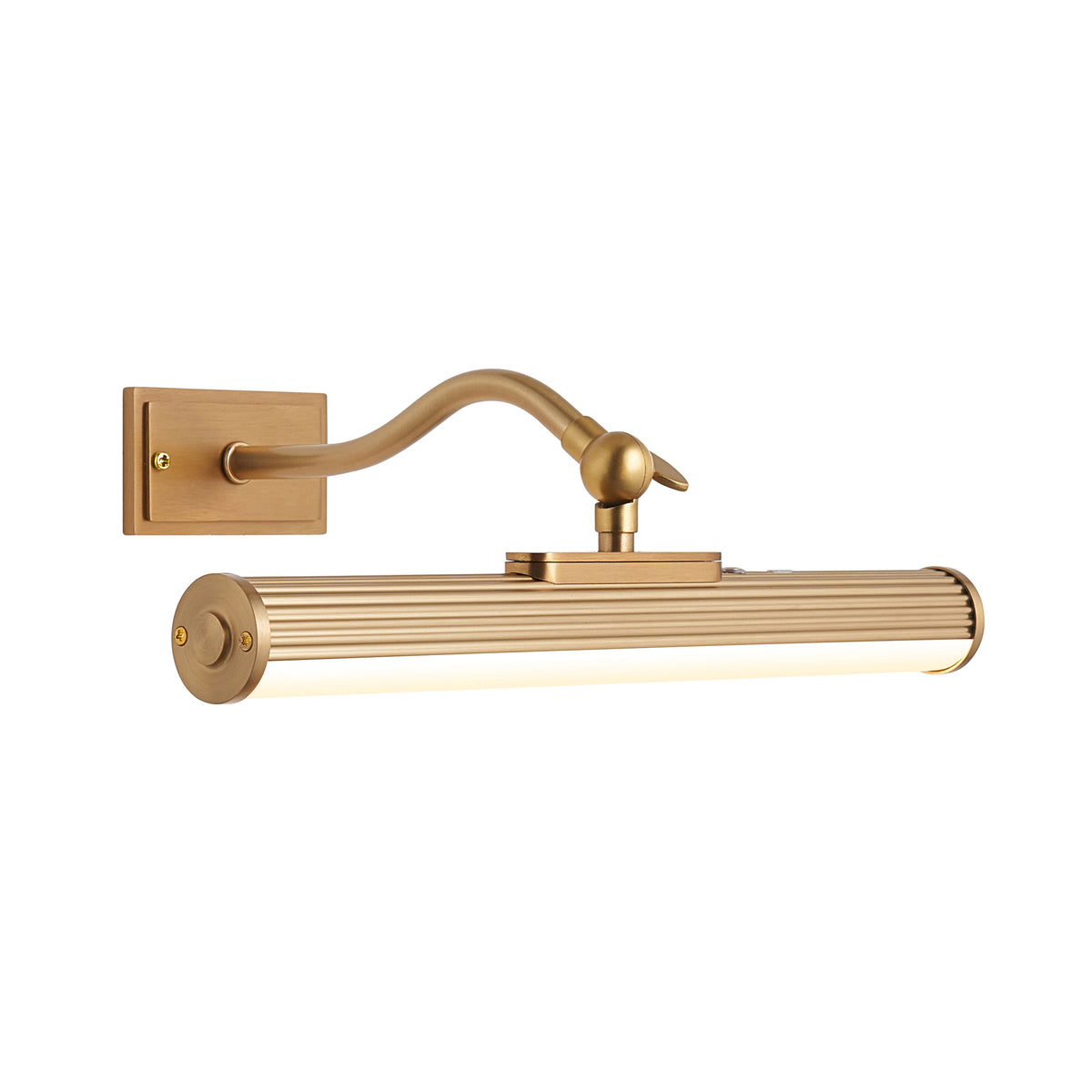 Kindos rechargeable picture light in warm brass with a ribbed tubular shade and curved swan-neck arm