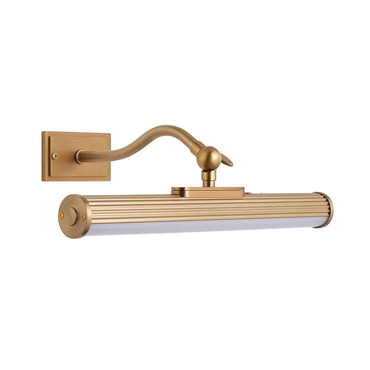 Kindos warm brass rechargeable picture light with ribbed shade, shown lit on a plain background