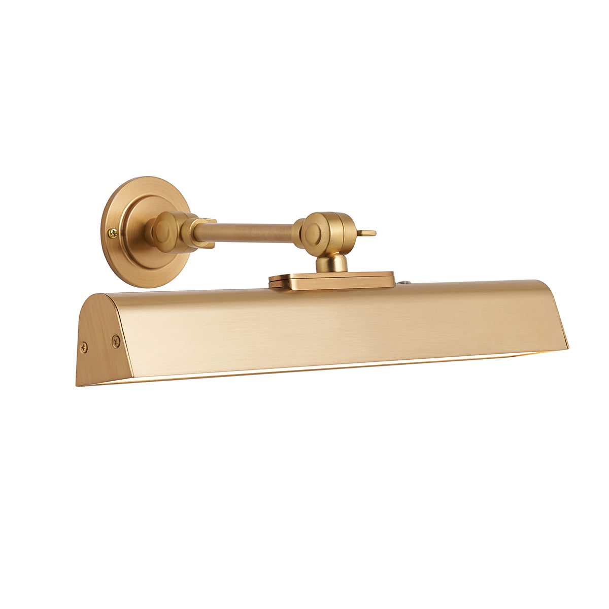 Dalyan warm brass rechargeable picture light with tapered shade, shown against a plain backdrop