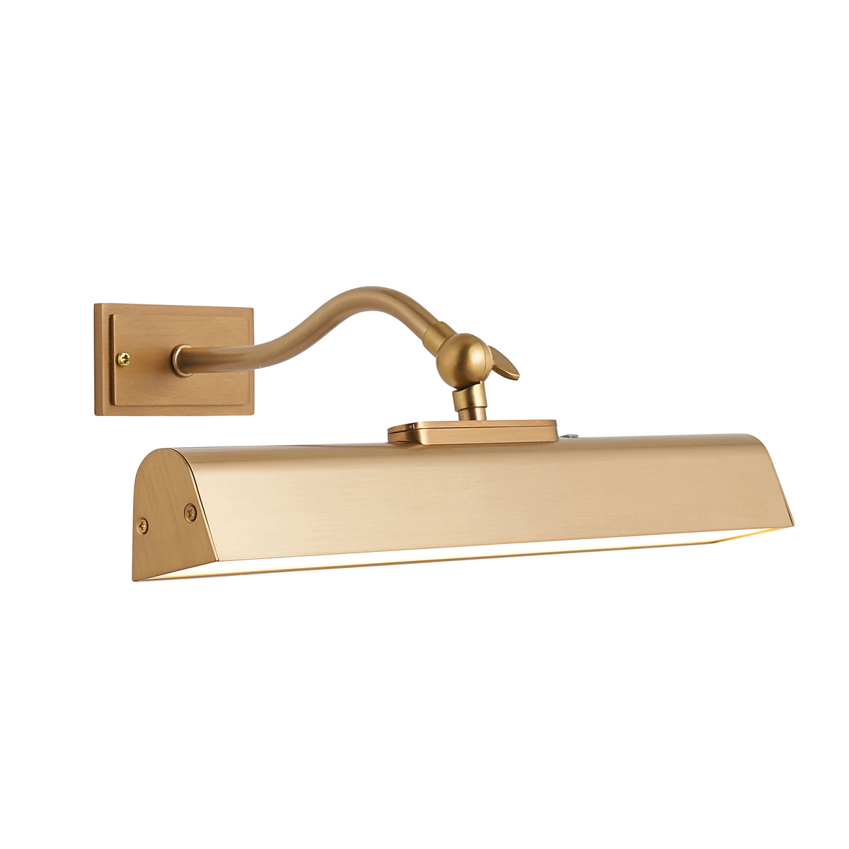 Lasos rechargeable picture light in warm brass with a wide tapered shade and swan-neck arm