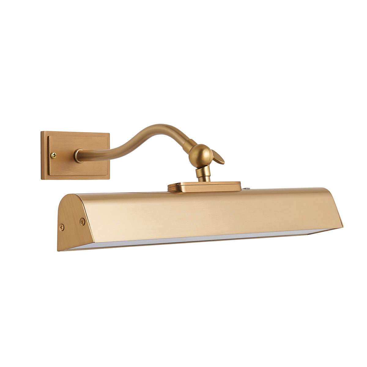 Lasos warm brass rechargeable picture light with tapered shade, shown lit on a plain background