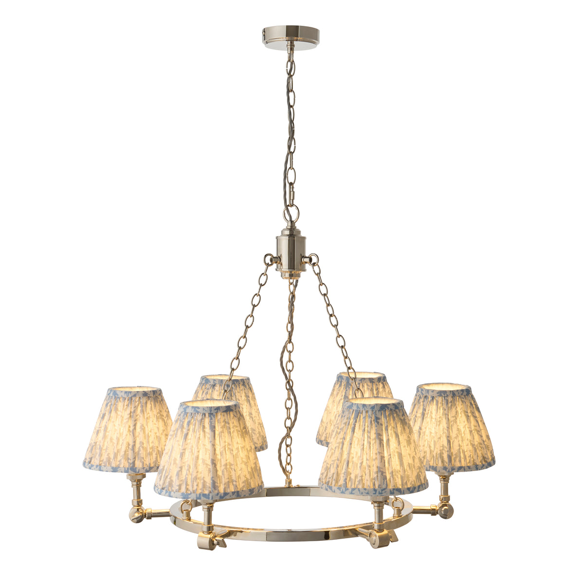 Arabella bright nickel six-light pendant with chain suspension and pleated blue fabric candle shades