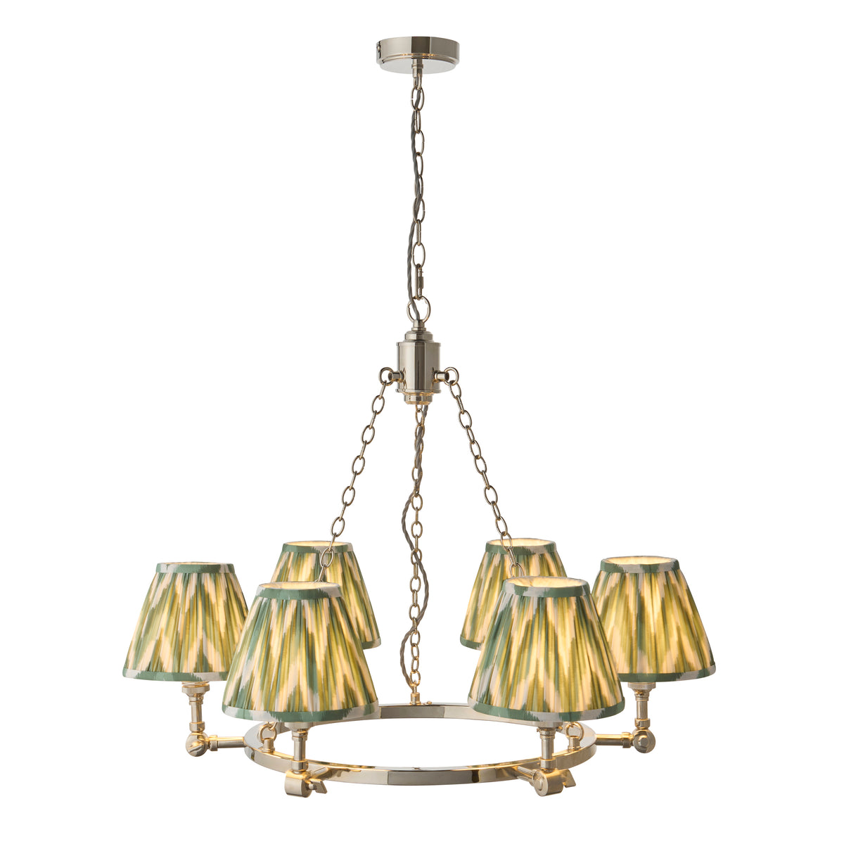 Arabella nickel chandelier with six chain-hung arms and pleated green zigzag patterned fabric shades