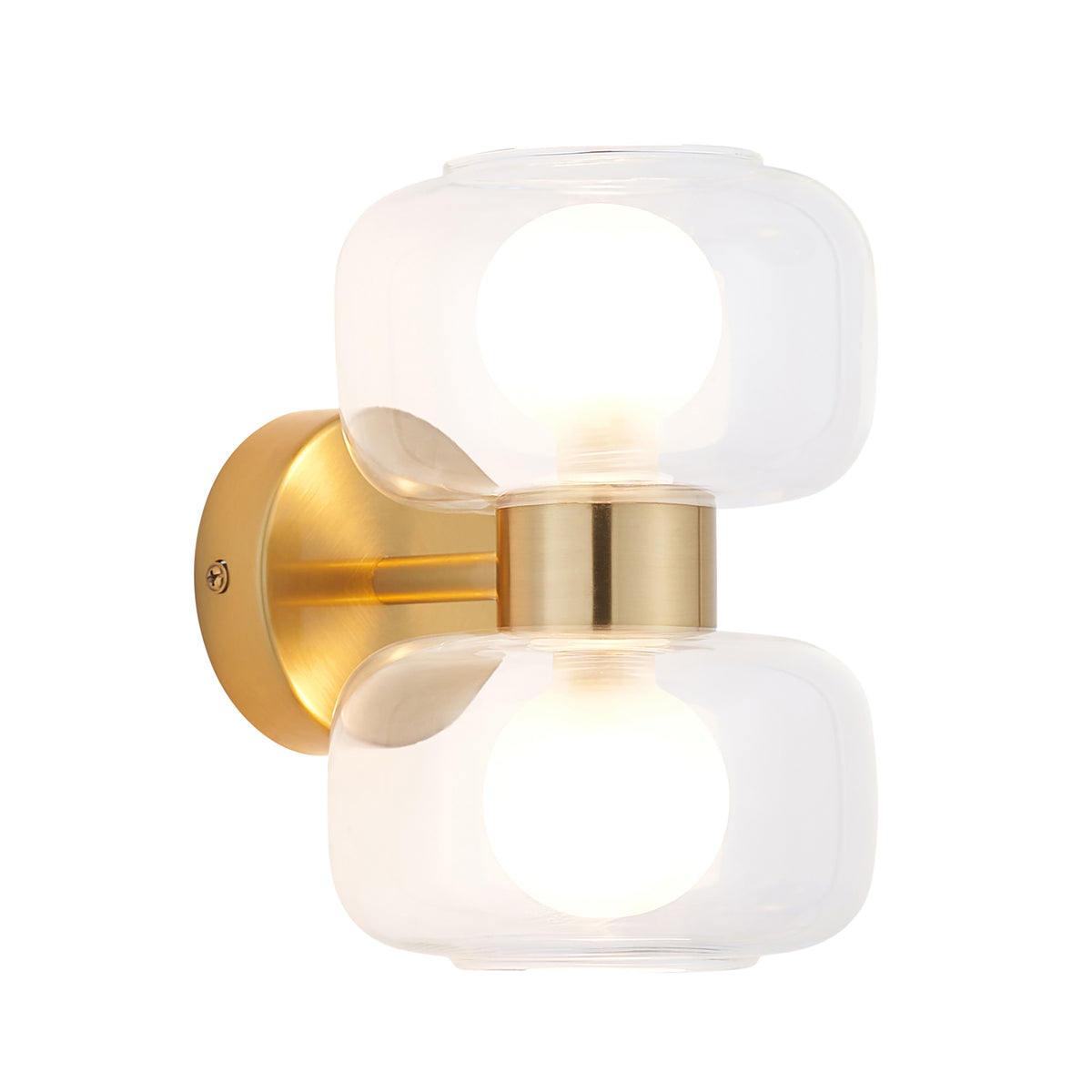 Rossano warm brass wall light with two stacked clear glass shades and frosted globe lamps
