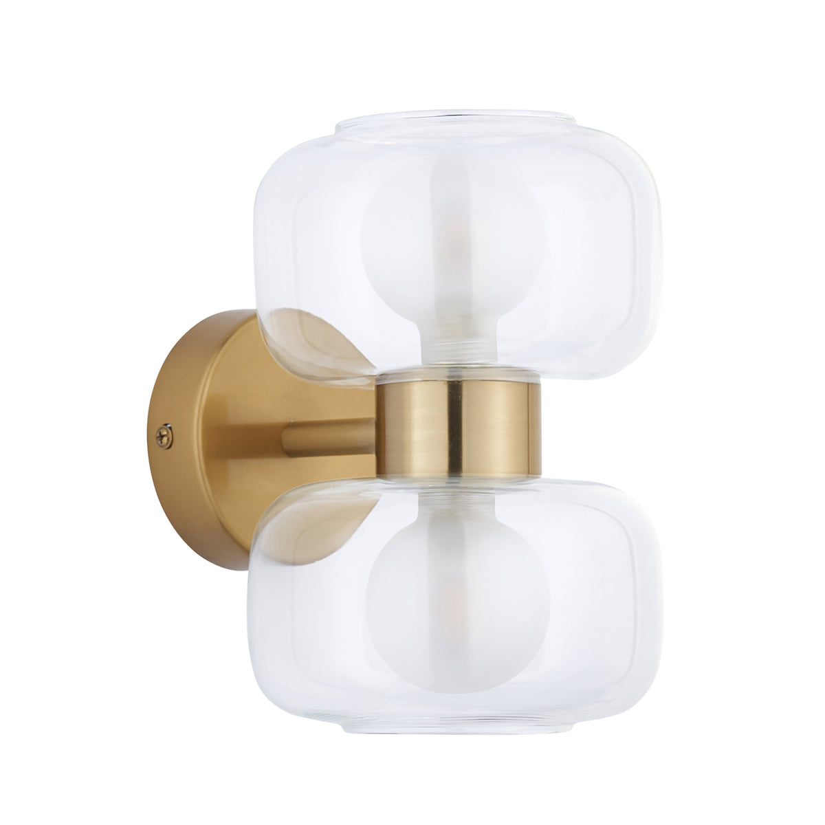 Rossano warm brass wall light with stacked clear glass shades, shown unlit on a plain background