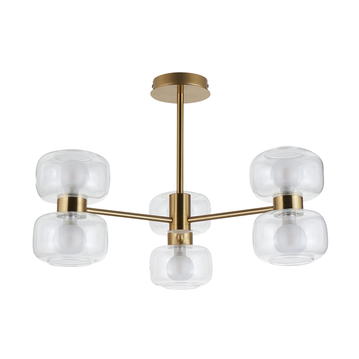 Rossano brass semi-flush ceiling light with clear glass shades, shown lit on a plain background