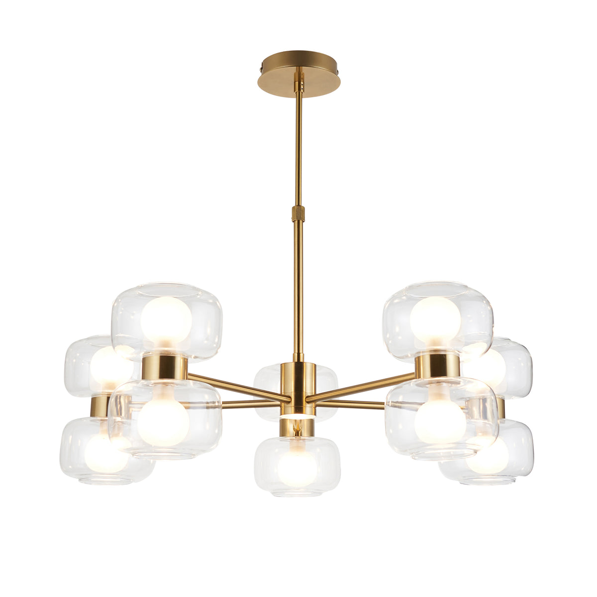 Rossano warm brass chandelier with ten clear glass shades and frosted globe lamps on radiating arms