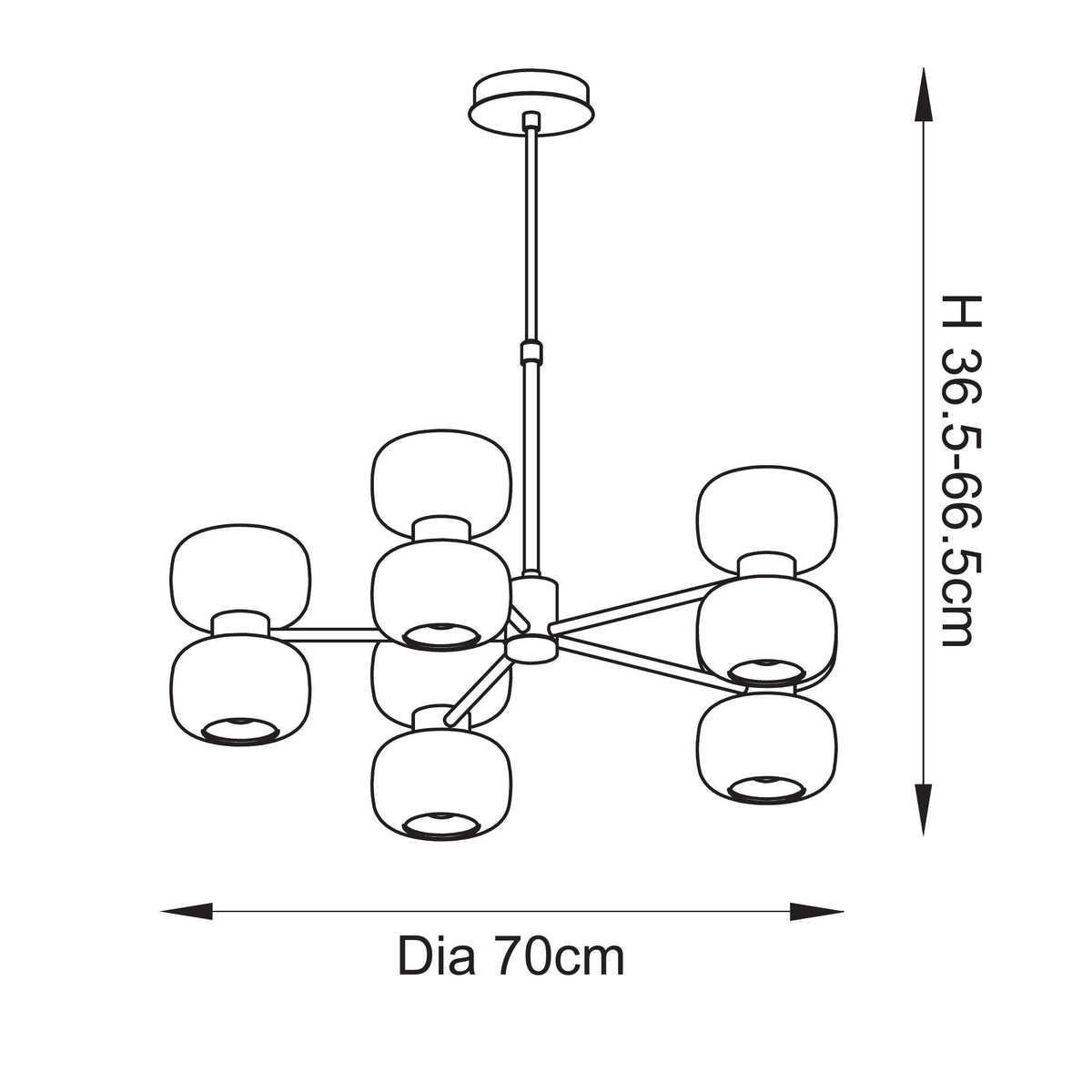 Dimension diagram of the Rossano brass chandelier showing height and diameter measurements