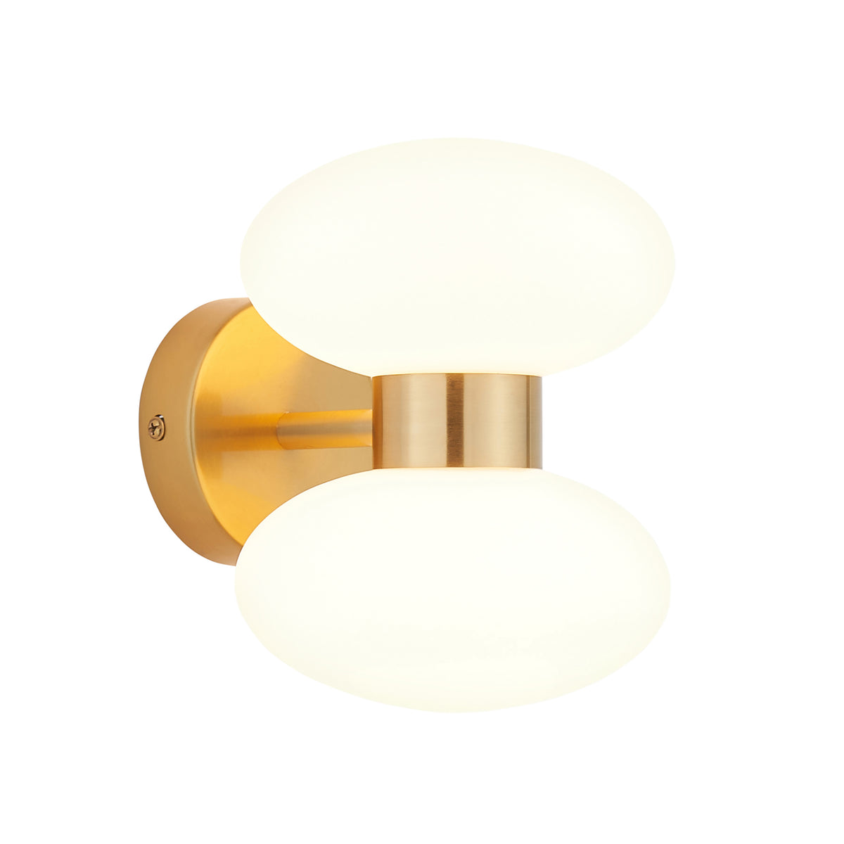 Rossano warm brass wall light with two opal glass oval shades facing up and down
